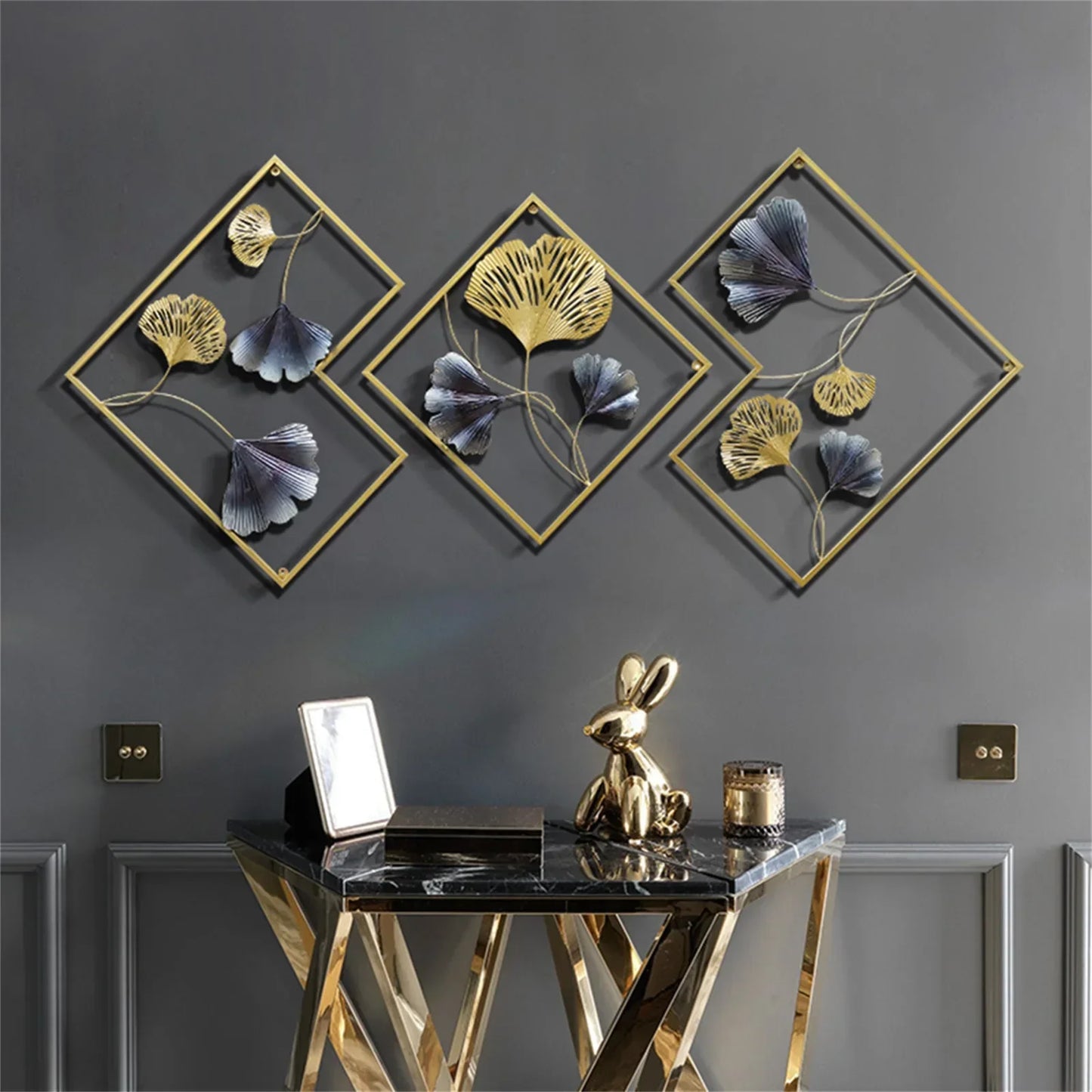 Zestaw 3 metalowych dekoracji 3D Ginkgo na ścianę
